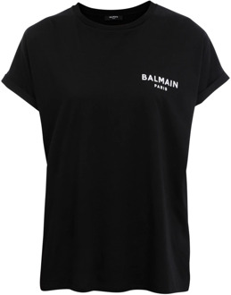 Balmain Ecologisch ontworpen katoenen T-shirt met klein flocklogo. Balmain , Black , Dames - L,M,S,Xs