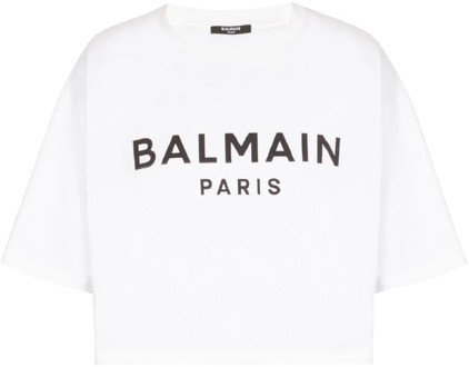 Balmain Ecologisch verantwoord kortgeknipt katoenen T-shirt met logoprint Balmain , White , Dames - L,M,S,Xs