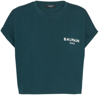 Balmain Flocked Paris cropped T-shirt Balmain , Green , Dames - 2Xl,Xl,L,M,S