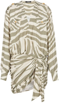 Balmain Gedrapeerde jurk met zebraprint Balmain , Beige , Dames - S,Xs,2Xs
