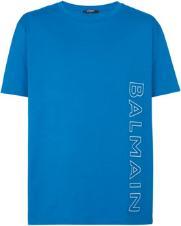 Balmain Geëmbosseerd T-shirt Balmain , Blue , Heren - Xl,L,M,S,Xs