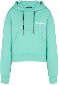 Balmain Geknipte katoenen sweatshirt met fluweelachtig logo Balmain , Blue , Dames