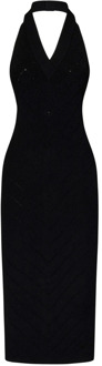 Balmain Geribbelde Zwarte Midi Jurk met Open Rug Balmain , Black , Dames - M,S,2Xs