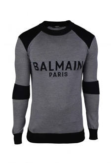 Balmain Grijze wollen trui met zwart logo Balmain , Gray , Heren - S