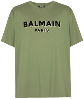 Balmain Groene Flocked Logo Crew Neck T-shirt Balmain , Green , Heren - 2Xl,Xl,L,S