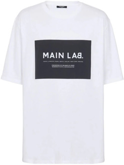 Balmain Katoenen T-shirt met Slogan Patch Balmain , White , Heren - 2Xl,Xl,L