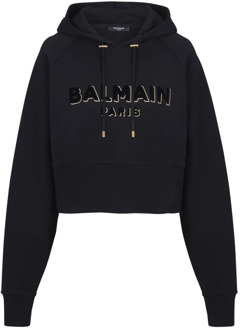 Balmain Kort katoenen sweatshirt met geflockt metallic logo Balmain , Black , Dames - L,M,S,Xs,2Xs