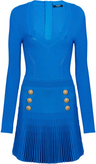 Balmain Korte geribbelde gebreide jurk Balmain , Blue , Dames - 2XS