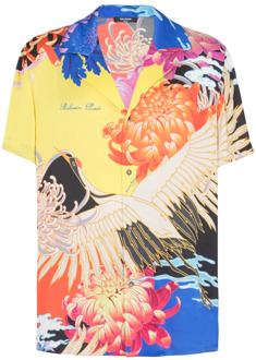 Balmain Kortemouw satijnen shirt met Crane print Balmain , Multicolor , Heren - Xl,L,M,S