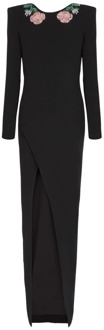 Balmain Lange rugloze jurk met rozenborduursel Balmain , Black , Dames - S,Xs