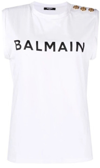 Balmain Logo Print Mouwloze Top Balmain , White , Dames - L,M,S,Xs,2Xs