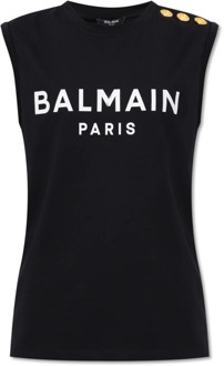 Balmain Mouwloos T-shirt met logo Balmain , Black , Dames - L,M,S,Xs
