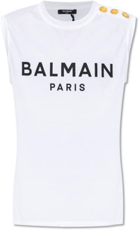 Balmain Mouwloos T-shirt met logo Balmain , White , Dames - L,M,S,Xs