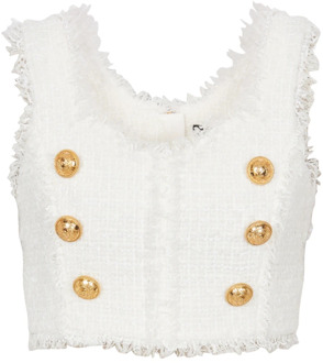 Balmain Mouwloze Tweed Crop Top met Gouden Details Balmain , White , Dames - M,S,Xs,2Xs