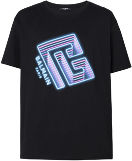 Balmain Neon Logo Katoenen T-shirt Balmain , Black , Heren - 2XL