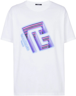 Balmain Neon logo T-shirt Balmain , White , Heren - Xl,L,M,S,Xs