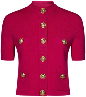 Balmain Rode Ribgebreide Cardigan met Gouden Knopen Balmain , Red , Dames - S,Xs