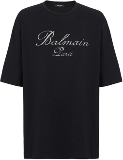 Balmain T-shirt met geborduurde handtekening Balmain , Black , Heren - 2Xl,Xl,L,M,S,Xs