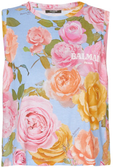 Balmain Tanktop met Pastel Roses print Balmain , Multicolor , Dames - 2Xl,Xl,L