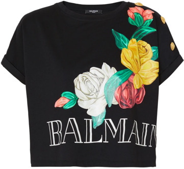Balmain Vintage T-shirt met rozenprint Balmain , Black , Dames - Xl,M,S