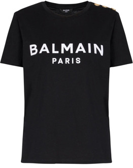 Balmain Wit Logo Print Crew Neck T-Shirt Balmain , Black , Dames - S,Xs