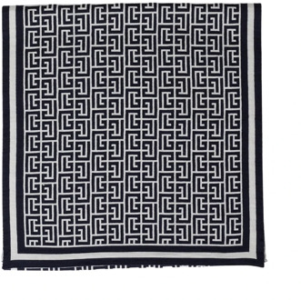 Balmain Wollen Monogram Sjaal met Gestreepte Rand Balmain , Gray , Heren - ONE Size