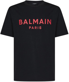 Balmain Zwart Logo Print Ronde Hals T-shirt Balmain , Black , Heren - S