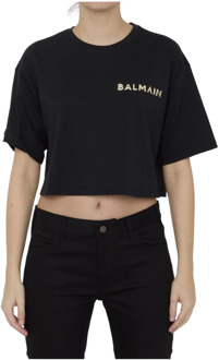 Balmain Zwarte Cropped Crewneck T-Shirt Ss24 Balmain , Black , Dames - M,S