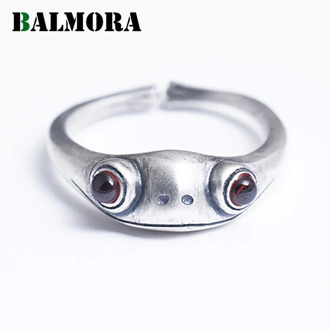 BALMORA 100% 990 Pure Silver Garnet Frog Animal Rings For Women Lady Girl Cute Fashion Open Ring Jewelry Anillos Christmas Gifts