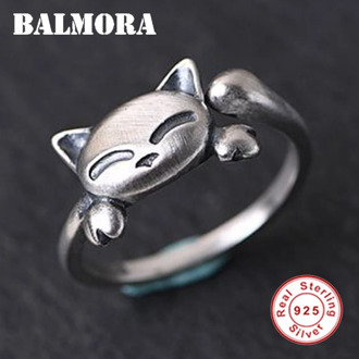 BALMORA 925 Sterling Silver Cute kitten Animal Open Rings for Women Girl Lover Retro Fashion Matt Thai silver Jewelry Anillos