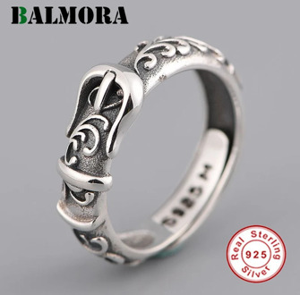 BALMORA Real 999 Pure Silver Retro Belt Pattern Open Stacking Finger Ring For Men Women Fashion Flower Jewelry Christmas Gifts