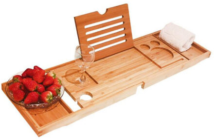 Bamboe Bad Lade Verstelbare Intrekbare Badkamer Bad Organizer Met Boek Tablet Wijn Glas Cup Handdoek Houder