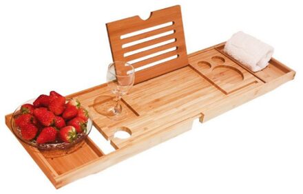 Bamboe Bad Lade Verstelbare Intrekbare Badkamer Bad Organizer Met Boek Tablet Wijn Glas Cup Handdoek Houder