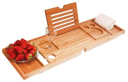 Bamboe Bad Lade Verstelbare Intrekbare Badkamer Bad Organizer Met Boek Tablet Wijn Glas Cup Handdoek Houder