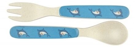 Bamboe bestek met haai voor kinderen 14 cm Blauw