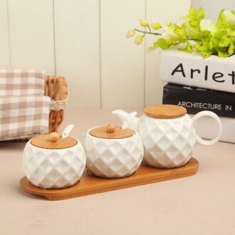 Bamboe Hout Keramiek Kruiderij sferische Spice Potten Saus pot Set Zout Peper Shakers Kruiden Sprays Koken Keuken Tool 4