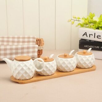 Bamboe Hout Keramiek Kruiderij sferische Spice Potten Saus pot Set Zout Peper Shakers Kruiden Sprays Koken Keuken Tool 6