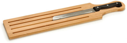 Bamboe houten broodplank/snijplank/serveerplank met mes 50 x 10 cm - Snijplanken Bruin