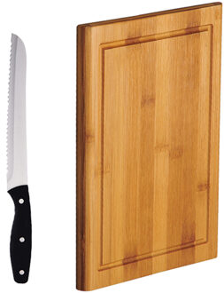 Bamboe houten snijplank 21 x 31 cm inclusief RVS Broodmes 33 cm