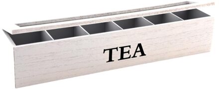 Bamboe houten theedoos/theekist wit met glazen deksel 6-vaks 43 cm - Theedozen