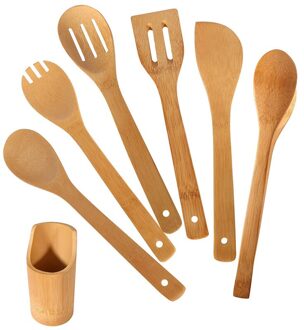 Bamboe Kookgerei Set Met Houder-6 Stuk Kit Met Menglepels, Spatels Voor Grillen, Bakken, keuken Gereedschap