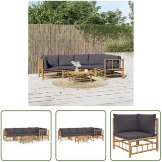 Bamboe Lounge set - 2x middenbank - 3x hoekbank - 1x tafel - donkergrijs kussen - 100% polyester - Bruin