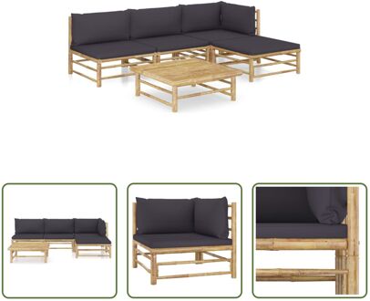 Bamboe Lounge Set - Hoekbank - Middenbank - Voetenbank - Tafel - Donkergrijs Kussen - 65x70x60 cm