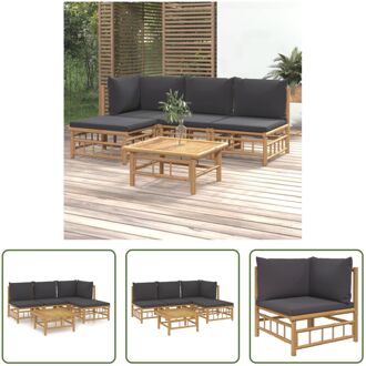 Bamboe Lounge Set - Middenbank - Hoekbank - Voetenbank - Tafel - donkergrijs kussen - 100% Bruin