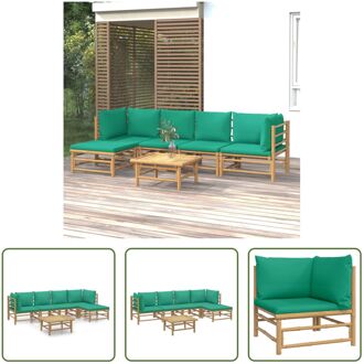 Bamboe Lounge Set - Middenbank Hoekbank Voetenbank Tafel + Kussens - Groen Bruin