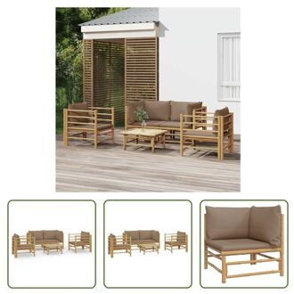 Bamboe Loungeset - 2 Hoekbanken - 2 Stoelen - 1 Tafel - Comfortabele tuinmeubelen met zitkussens en Bruin