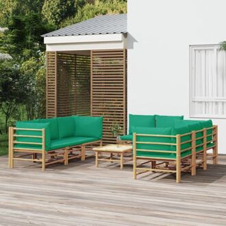 Bamboe Loungeset - 4x Middenbank + 4x Hoekbank + Tafel - Groen Kussen - Modulair Design - Duurzaam - Bruin