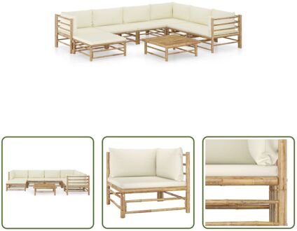 Bamboe Loungeset - Hoekbank - Middenbank - Voetenbank - Tafel - Crèmewit - 100% Polyester