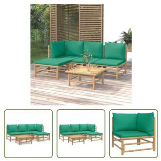 Bamboe Loungeset - Middenbank - Hoekbank - Voetenbank - Tafel - Groen Kussen - 55x65x30cm - Bruin