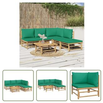 Bamboe Loungeset - Middenbanken - Hoekbank - Voetenbank - Tafel - Groene Kussens - 150x65x30cm Bruin